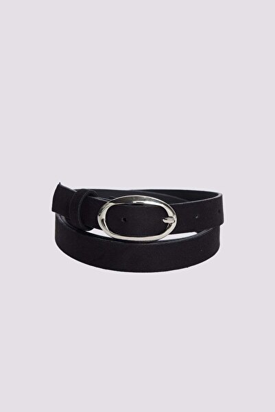 Tudors Kadın Oval Gümüş Tokalı 110 cm Standart Siyah Kadın Kemer