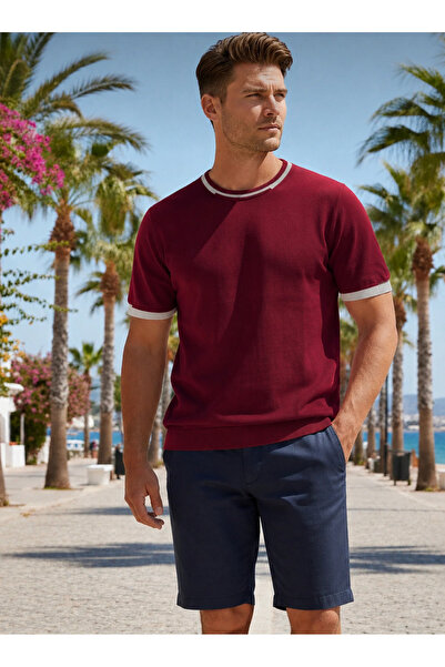 Maccali Men's Summer Trend Short Sleeve Knitwear Claret Red T-Shirt