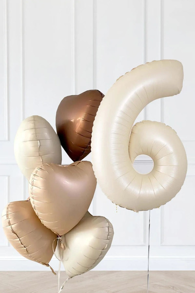 Baloncuu 6 Yaş Retro Bej Yaş Balon Seti - Latte Kahve Kalpli Doğum Günü Balon...