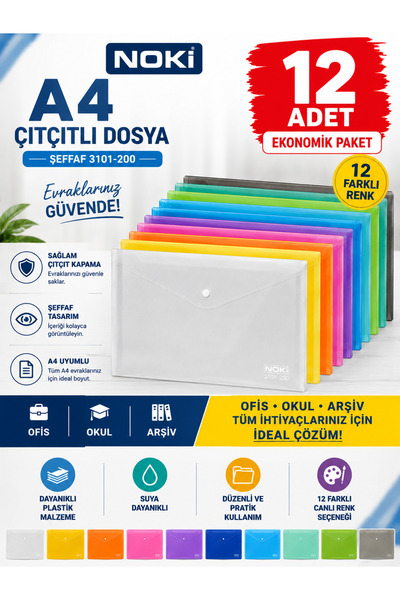 Noki A4 Çıtçıtlı Dosya Şeffaf 3101-200 12'li Paket Evrak ve Belge Saklama Dos...