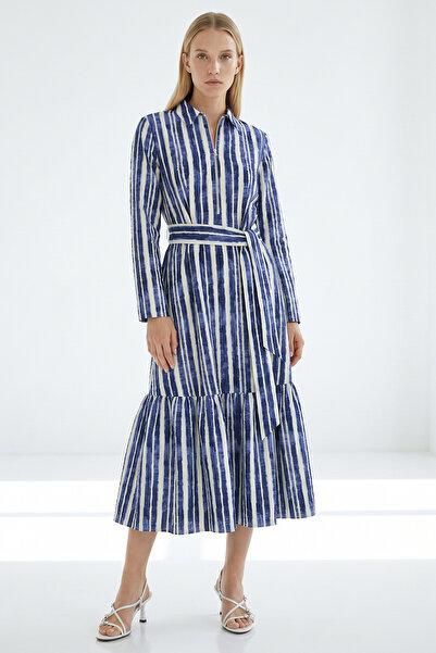 Exquise Long Sleeve Zippered Collar Belted Regular Midi Dress