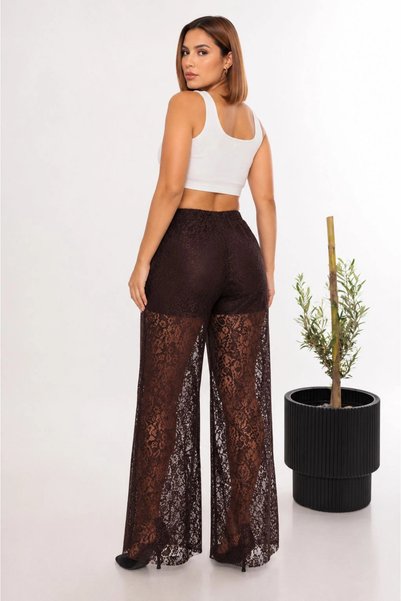 Lady Majestic Pantaloni Palazzo cu picior larg, din țesătură din dantelă, la modă, cu șorturi