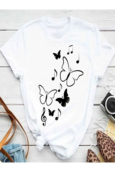 COZYWEAR White T-Shirt with Butterfly and Note Print