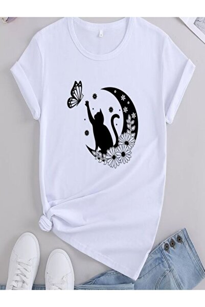 COZYWEAR Butterfly and Cat Printed White T-Shirt