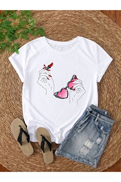 COZYWEAR White T-Shirt with Heart Glasses and Lipstick Print