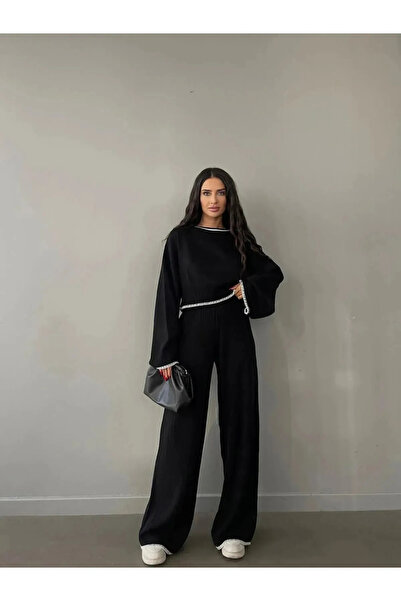 LocaMz Set pantaloni tricot cu detaliu brodat pe față