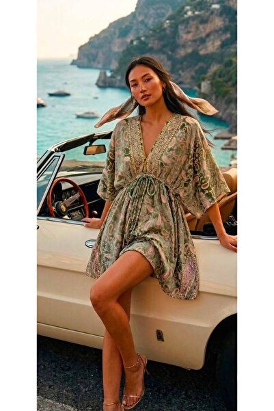 moda gk Parlak Desenli Bohem İpek Elbise
