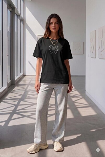 NO 601 Women's Black Oversize Trock Bow Stone Printed T-Shirt Gray Wide Leg S...