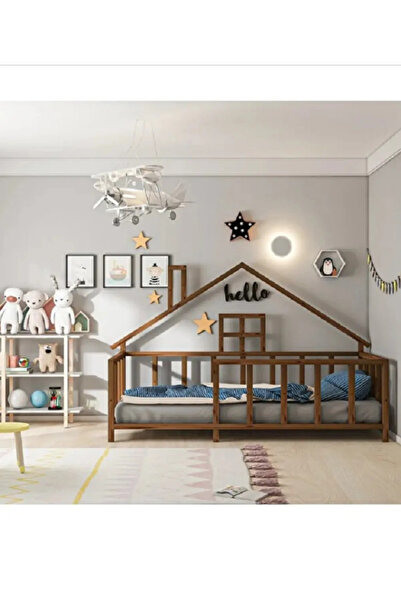 BRK Design BA AHŞAP Montessori Sol Kapılı Ceviz Ev Çocuk Yatağı Çatılı SKCY02...