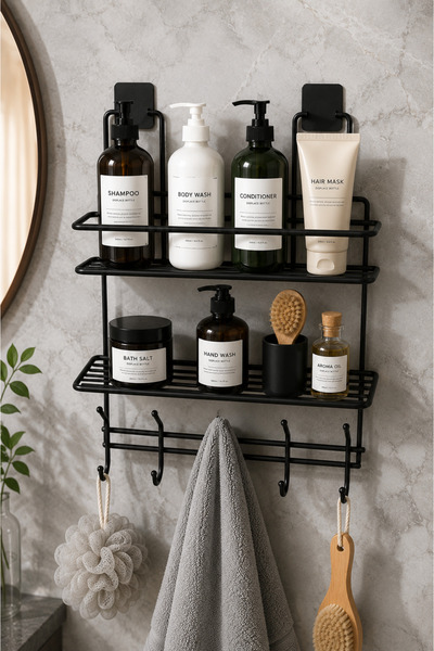 Hagen Adhesive Metal Bathroom Shelf and Towel Rack Black – No Drilling Requir...
