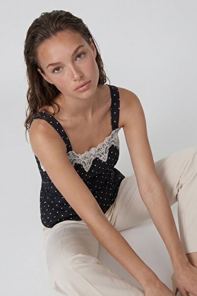 VAGGON Dantel Detaylı Puantiyeli Askılı Astarlı Peplum Bluz