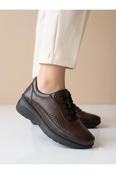 Lütfi Women's Brown Genuine Leather Orthopedic Sole Rubber Laced Casual Shoes