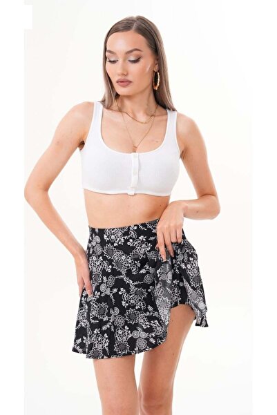 MARE BUTİK Black and White Floral Patterned Viscose Short Skirt-Xs/S