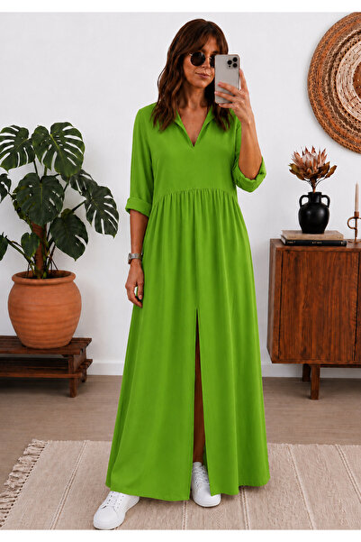 Little Visqon Aerobin Fabric V-Neck Slit Comfortable Cut Summer Dress