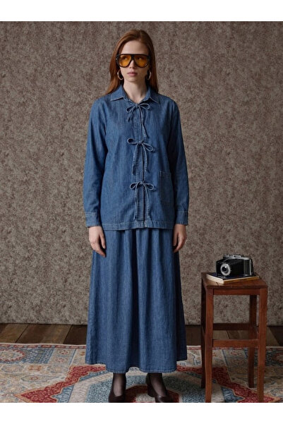 Modanurseda Sada Kadın Denim Kot Fiyonk Bağlamalı Ceket Etekli Takım Tesettür...