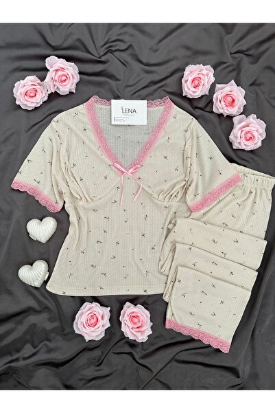 Lena Homewears Women's Patterned Short Sleeve Report Pajama Set