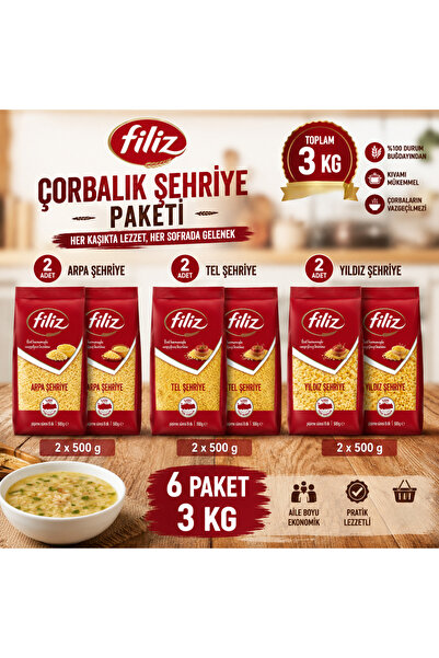 FİLİZ Çorbalık Şehriye Paketi 3 Kg (2 Arpa + 2 Tel + 2 Yıldız Şehriye) 6'lı A...