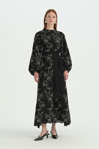 Nihan Embroidered Balloon Sleeve Viscose Cotton Dress - Black