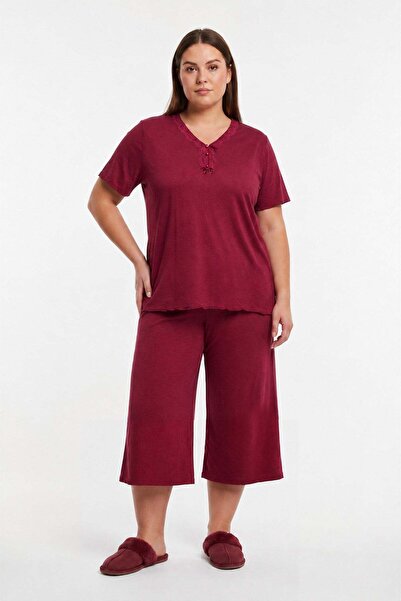 Kompedan Kadın Bambu Önü Düğmeli Yaka Dantelli Büyük Beden Kapri Pijama Takım...