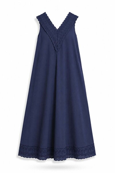 5in1Canpolat Navy Blue Scallop Embroidered V-Neck Dress 8280