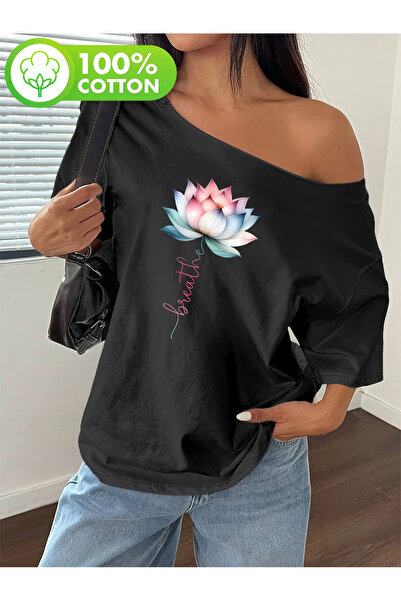 OVER HEAD Tricou pentru femei Breather Lotus cu imprimeu, cu gâtul bărcuță, c...