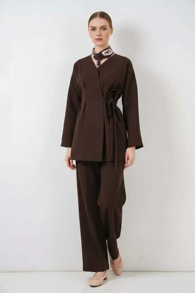 ALFA AKSESUAR 03 Women's V-Neck Regular Side-Tie Brown Two-Piece Set
