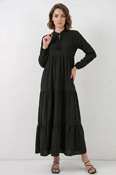 ALFA AKSESUAR 03 Women's T-Neck Gathered Waist Ruffled Hem Layered Viscose Bl...