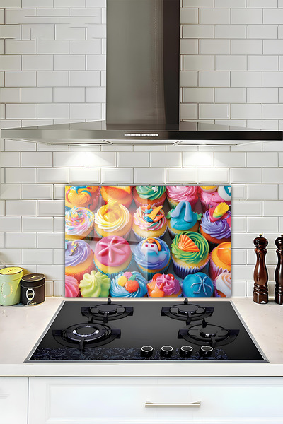 kutuTR Ocak Arkası Temperli Cam Koruyucu Uv Baskı – Rengarenk Cupcake ve Krem...