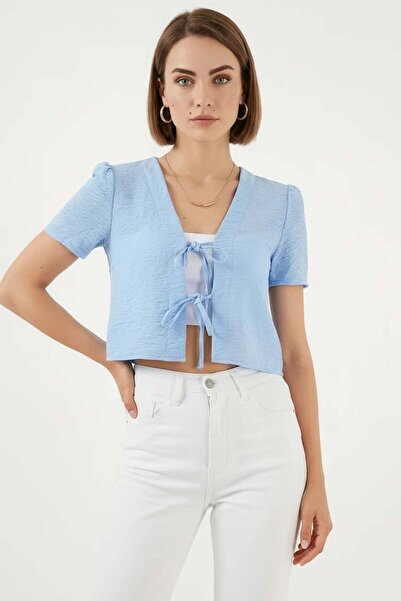 Generic Brand Women's V-Neck Crop Short Sleeve Viscose Blue Blouse