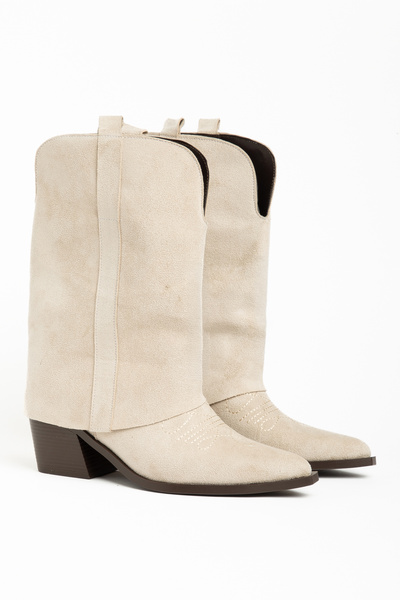 DENORA Beige Skin Cream Matte Suede Trousers Flat Western Cowboy Boots