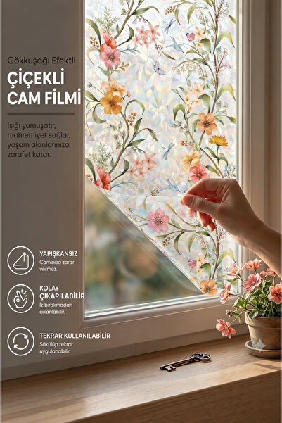 Deconitte Gökkuşağı Efektli Renkli Çiçek Desenli Buzlu Statik Cam Filmi 60cmx...