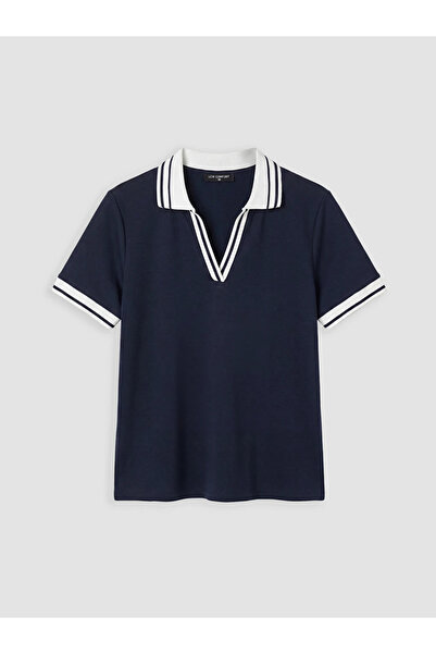 LC Waikiki Navy Blue Polo Collar Striped Soft Touch Women's T-Shirt