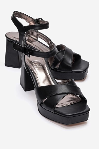 LuviShoes حذاء ليسبون نسائي ذو كعب عالٍ وحزام متقاطع باللون الأسود