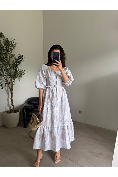 Bade Butik Beige belted balloon sleeve dress