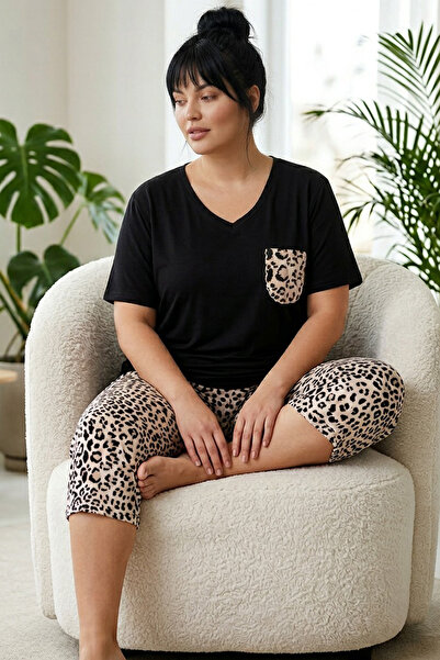 Siyah İnci Set de pijamale Capri tricotate din bumbac cu model, mărime mare, ...