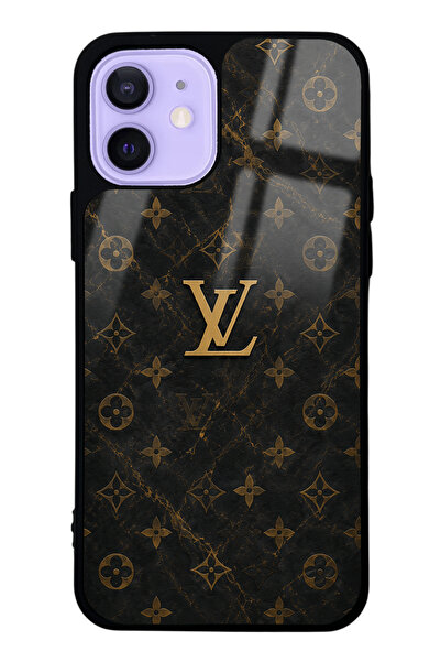 Spoyi iPhone 12 Black Mermer Gold LV Tasarımlı Glossy Telefon Kılıfı