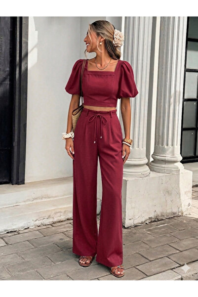 ladyzey kadın bordo kare yaka balon kol crop bluz ve bol paça pantolon takımı