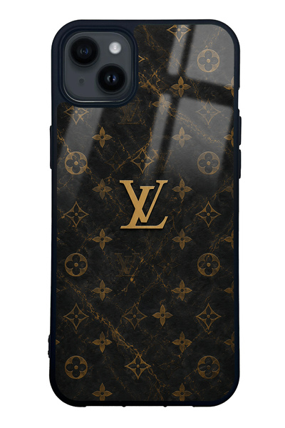 Spoyi iPhone 14 Plus Black Mermer Gold LV Tasarımlı Glossy Telefon Kılıfı