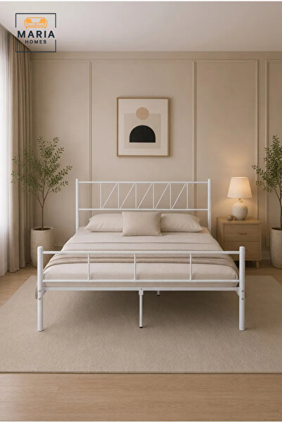 MARIA HOMES إطار سرير معدني أبيض حديث مع لوح رأس للسرير، مناسب لأثاث غرف النوم