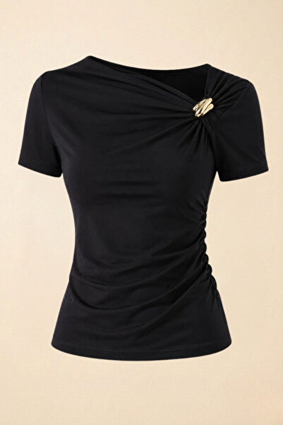 Potenza Women's T-Shirt Short Sleeve Asymmetrical Collar Gold Buckle Detailed...