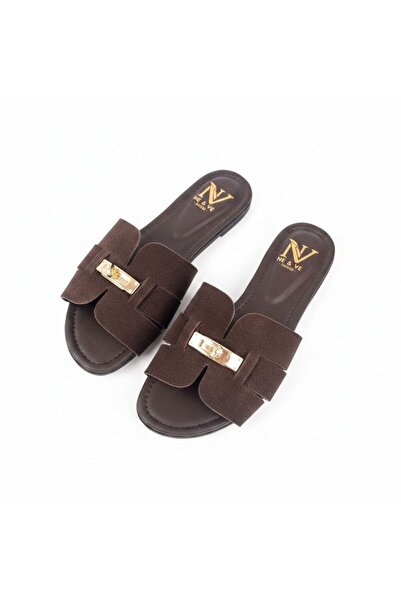 NE&VE SHOES شبشب نسائي مريح للاستخدام اليومي مصنوع من جلد الغزال البني مع تفا...