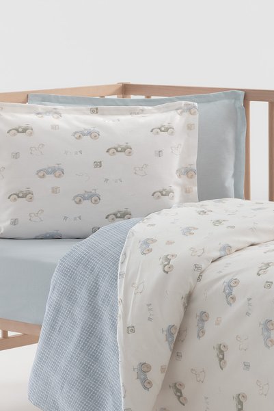 Yataş Mini Angy Printed 100% Cotton Baby Duvet Cover Set - Blue