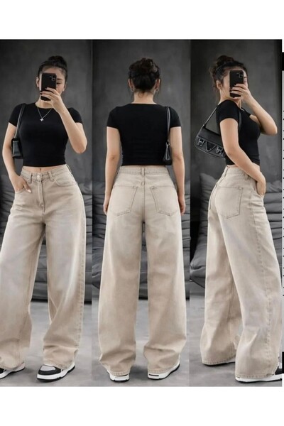 İsra Ayyıldız Moonstar Collection Kadın Bej Retro Jeans Pantolon Salaş model
