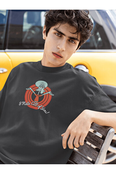 buzagi tasarım ürünleri Spongebob Squidward Unisex Oversize Black T-Shirt