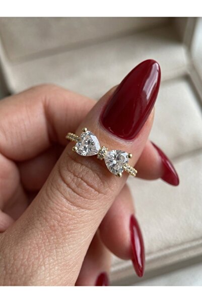 EKİDORA Heart Bow Cut Zircon Stone Adjustable Women's Ring Gold Elegant Styli...