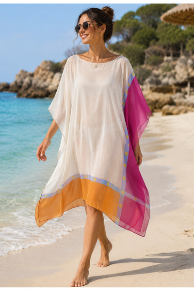 Nobrand Rochie de plajă damă tip kaftan alb-fucsia-portocaliu, viscoză și mătase