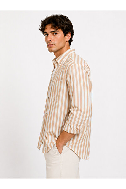 RAFF MAĞAZA Men's Striped Shirt 60% Cotton 40% Linen Fabric