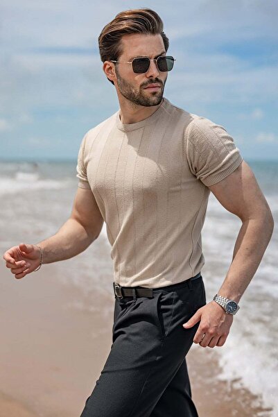 Madmext Stone Color Vertical Striped Crew Neck Knitwear Men's T-Shirt E7505
