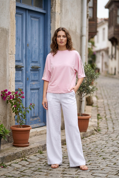 royal prime Women's Short Sleeve Blouse with Staple Detail on the Shoulder