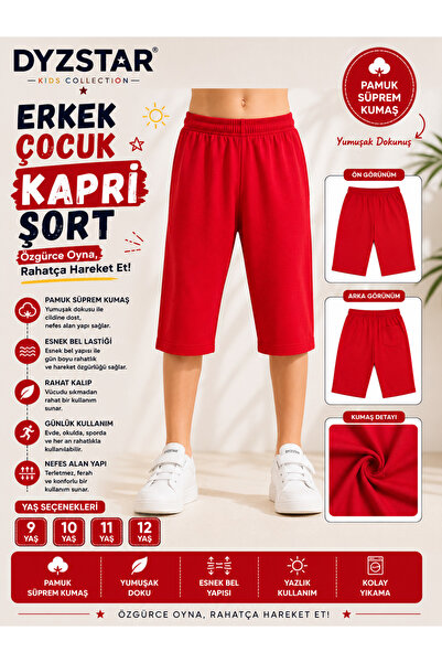 DYZSTAR Erkek Çocuk Pamuk Süprem Kapri Şort Kırmızı 9-10-11-12 Yaş